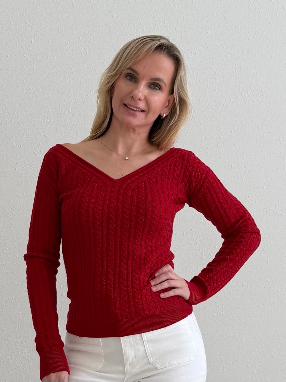 J.Crew Cable Knit Wide V-Neck Merino Wool Sweater Cherry Red S NWT $128